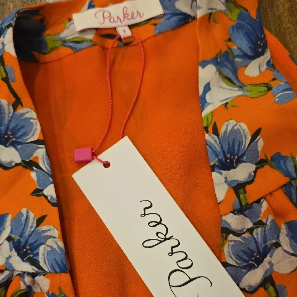 Parker Vibrant Orange Blouse with Blue Floral Pattern, S, NWT - Picture 2 of 5
